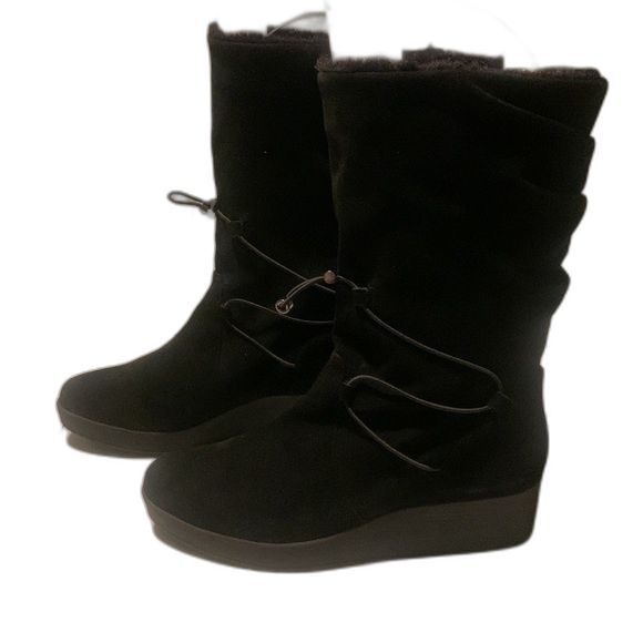 H by Halston Women's Leather Suede Black Boots with Faux Fur Size 10 Wedge - Picture 4 of 12